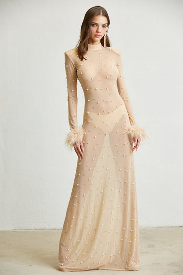 Sheer Maxi Dress Nude Color Front View